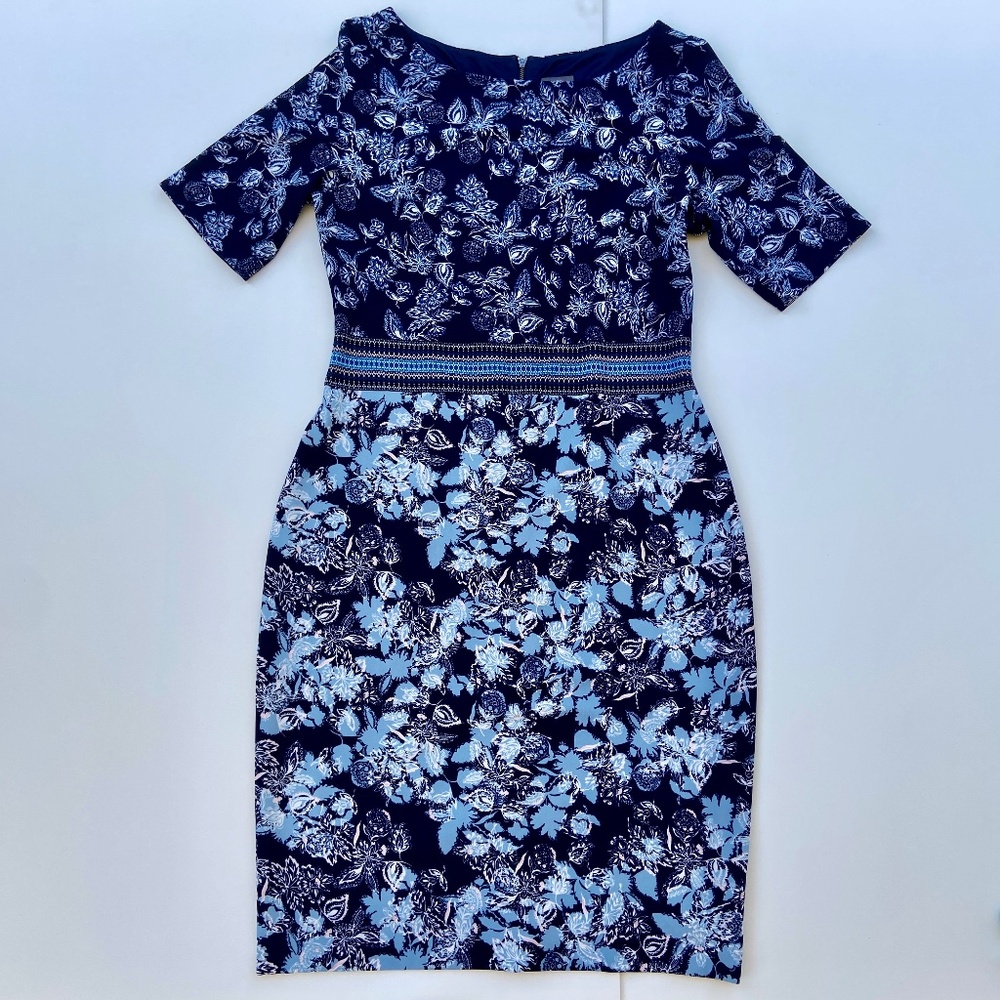 Vince Camuto Blue Floral 1/2 Sleeve Midi Dress Size 14